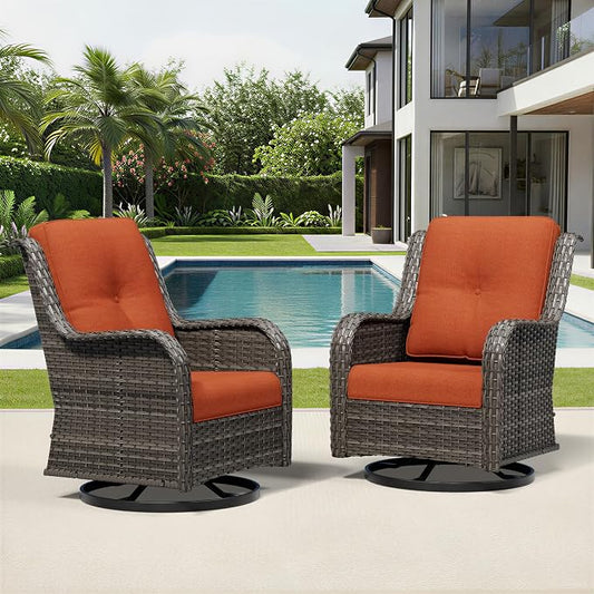 Joyside Swivel Patio Chairs Set of 2, Wicker Patio Furniture with High Back, Deep Seating, Wide Armrest, Thickened Cushions, Outdoor Rattan Furniture for Deck, Porch Use
