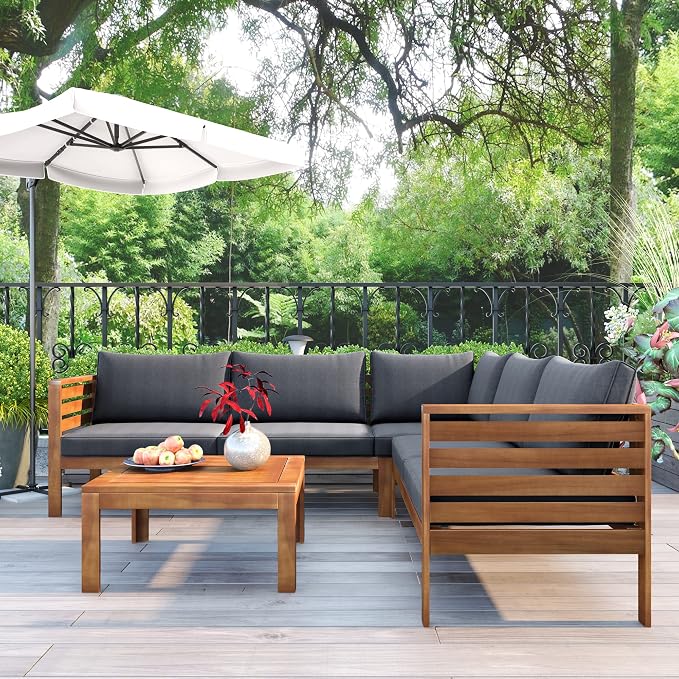 Merax 4-Piece Outdoor Sectional Furniture Set, All-Weather Acacia Wood Patio Sofa with Washable Cushions, Water-Resistant and UV Protected Conversation Set for Backyard, Poolside, Garden, Grey