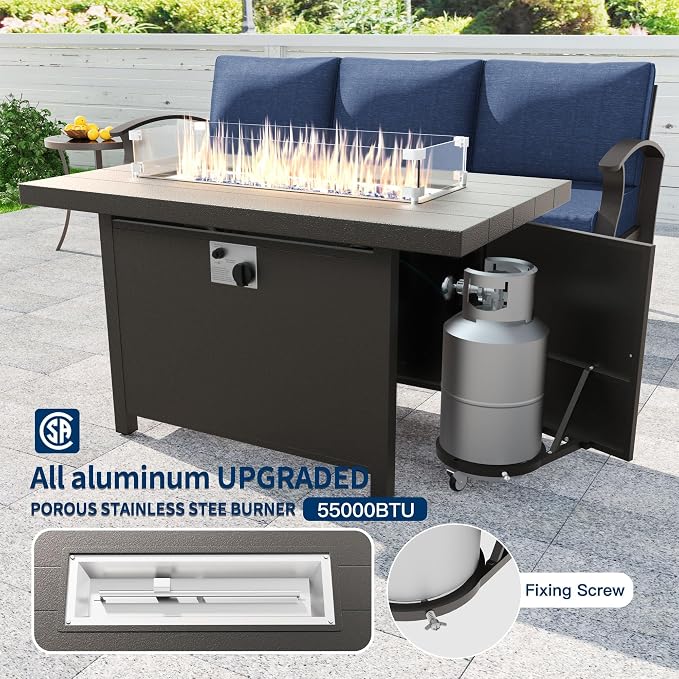 Kullavik Aluminum Patio Furniture Set,7 Piece Modern Metal Outdoor Patio Furniture w/5.1'' Thick Cushion,Swivel Chairs and 45" Propane Fire Pit Table,Patio Conversation Sets for Porch,Deck,NavyBlue