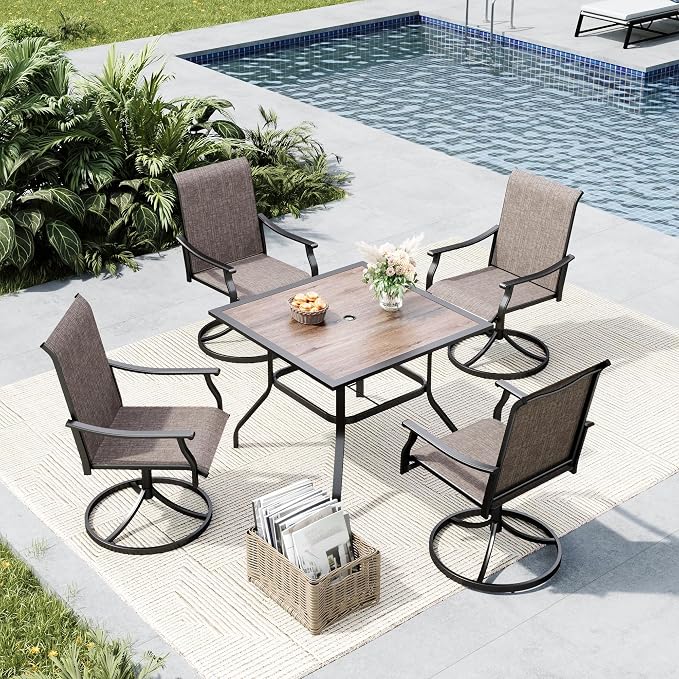 MFSTUDIO Outdoor Patio Dining Set for 4, Outdoor Patio Set with 37"x 37" Square Wood Grain Table, 4 Swivel Patio Chairs, Heavy Duty Outdoor Dining Table and Chairs for Patio Lawn Garden