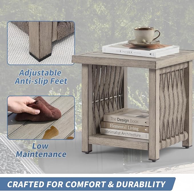 Outdoor Patio Square Side Table, 2-Tier Patio Side Table with Rope Weave, Aluminum Frame Weather Resistant, Patio End Table Furniture Set for Garden Porch Yard Deck, Gray Oak