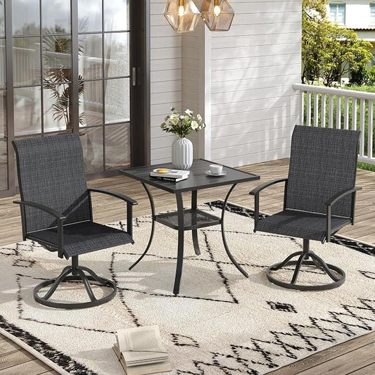 VICLLAX 3 Pieces Small Patio Dining Set-28 Small Outdoor Table and Swivel Patio Chairs Set for Deck, Lawn and Garden, Black Table and Chairs
