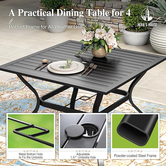 HERA'S HOUSE 5pc Patio Dining Set for 4, Outdoor Metal Table & Blue Chairs | Textilene chairs + 37" square table with umbrella hole. Waterproof, rust-resistant, all-weather for backyard, porch