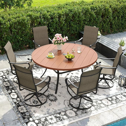 DIFY 7 Pieces Outdoor Dining Set for 6, Outdoor Furniture Set of 6 Brown Textilene Swivel Patio Chairs, 50" Walnut Round Metal Dining Table with Umbrella Hole, for Garden Deck Backyard