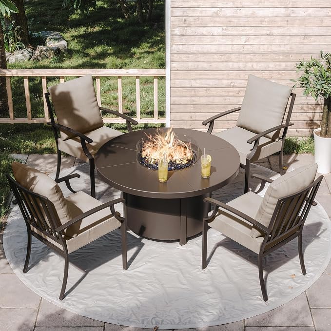 ALAULM 5-Piece Outdoor Dining Set for 4 Metal Outdoor Patio Furniture with 40000 BTU Round Fire Pit Table for Patio, Backyard, Garden-Sand