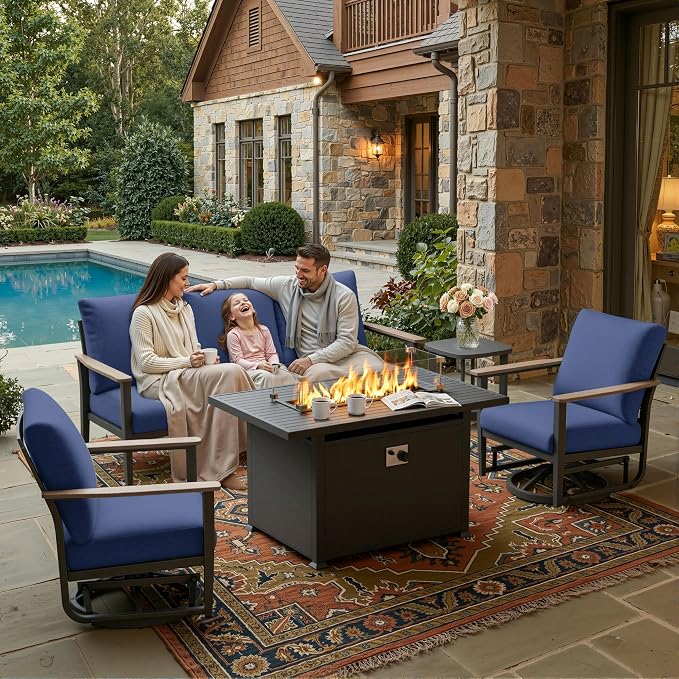 Aluminum Outdoor Patio Furniture Set, 5-Piece Outdoor Sofa with 5.1" Thick Cushions, Swivel Rocking Chairs, 55,000 BTU Propane Fire Pit Table, Outdoor Couch for Backyard, Balcony, Navy Blue