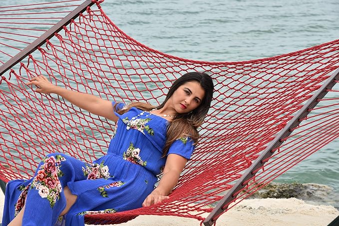 Island Escape Rope Hammock and Stand Set (Mocha Stand and Red Hammock)