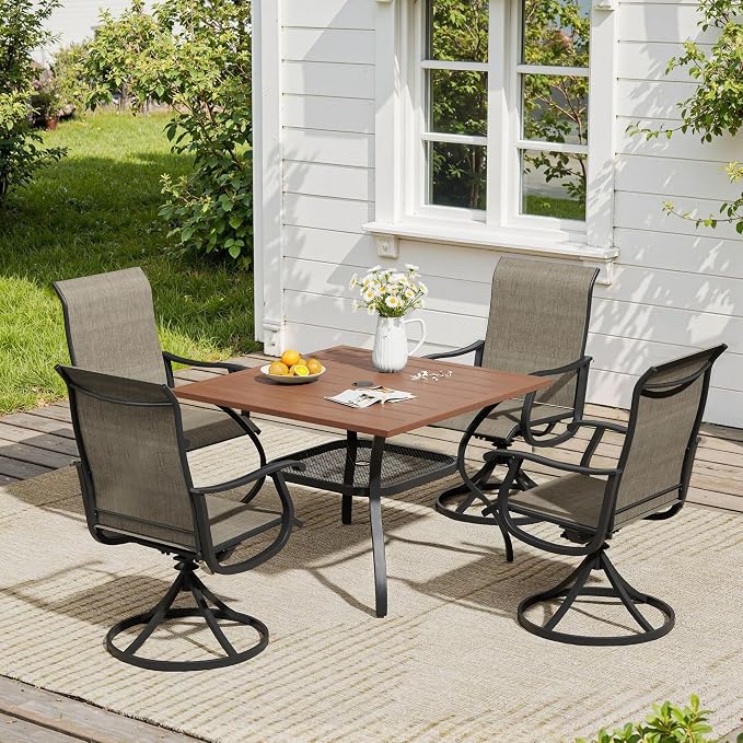 VICLLAX 5 Pieces Patio Dining Set, Patio Furniture Set of 4 Patio Swivel Dining Chairs and Square Patio Table with Storage Shelf, Mixed Brown Chairs & Walnut Tabletop