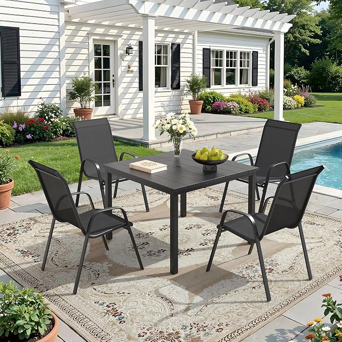 DIFY 5 Piece Outdoor Dining Set, 40" Black Square Metal Patio Table and Dark Grey Textilene Stackable Chairs for 4, All Weather Patio Furniture Set with Umbrella Hole for Backyard Garden Deck