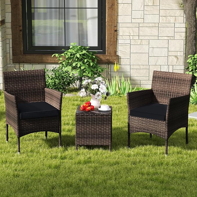 RELAX4LIFE 3-Piece Patio Furniture Set - Rattan Wicker Outdoor Conversation Set w/Cushions & Glass Coffee Table, Balcony Furniture for Porch Garden Backyard, Bistro Table and Chairs Set of 2 (Black)