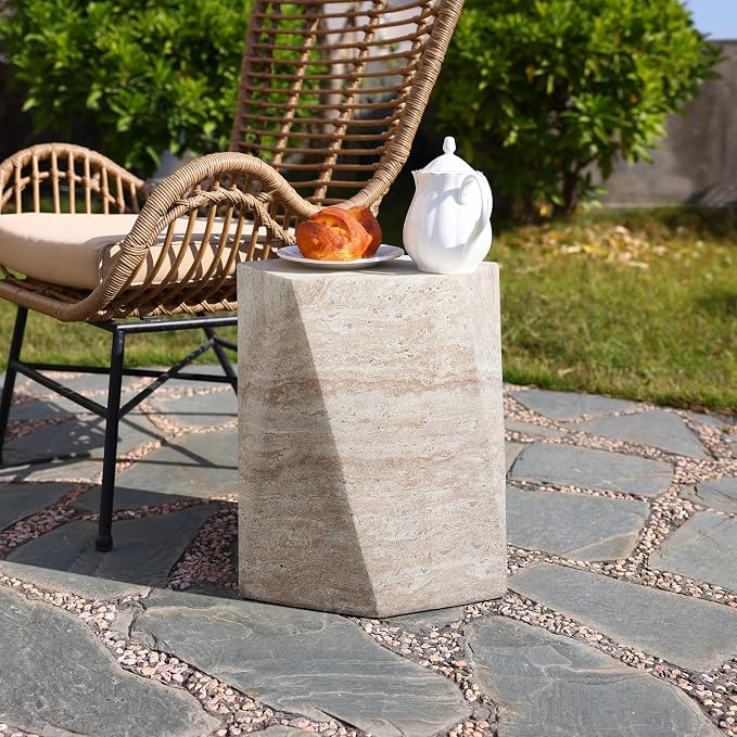 LuxenHome Outdoor Accent Side Table, 18'' Travertine-Style Irregular Textured Cement Patio End Table, Outdoor Coffee Furniture for Backyard Balcony, Modern Garden Stool for Outside
