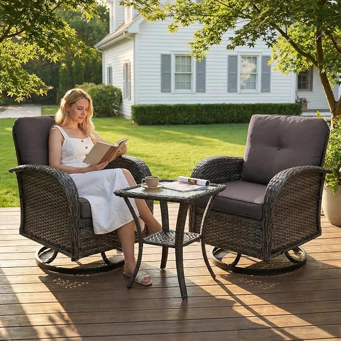 SHGJ&SOFT 3 Piece Patio Furniture Set, 2 Outdoor Swivel Rocking Chairs with Side Table, Wicker Glider Chairs, All-Weather Rattan Bistro Set for Porch, Deck, Pool (Grey, Grey Full-Weave Rattan)