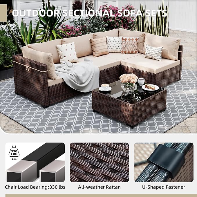 UPHA 5 Pieces Patio Furniture Sets, Wicker Outdoor Sectional Sofa Couch with Coffee Table, Patio Conversation Set for Deck Backyard Garden, Brown Rattan, Beige Cushion