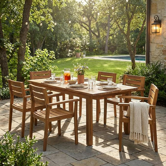 7-Piece Acacia Wood Outdoor Dining Set with 6 Chairs and Expandable Table, Teak Finish - Weather-Resistant Patio Furniture for Backyard, Garden, and Deck