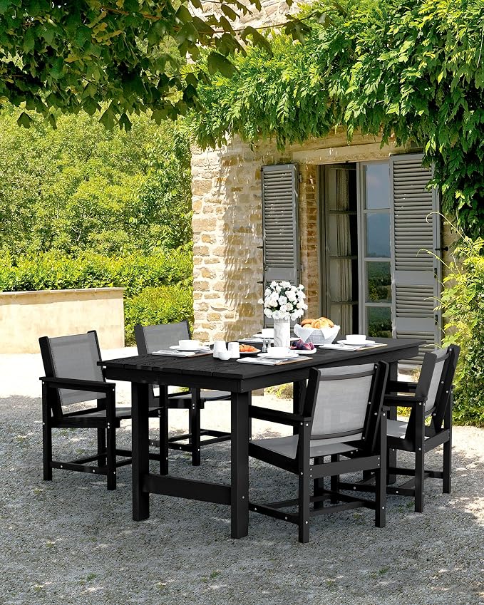 SERWALL 5 Pcs HDPE Patio Dining Set with 1 Table & 4 Woven Chairs, Gray | HDPE Outdoor Dining Set with Rectangular Table & 4 Woven Chairs, All-Weather Patio Dining Furniture
