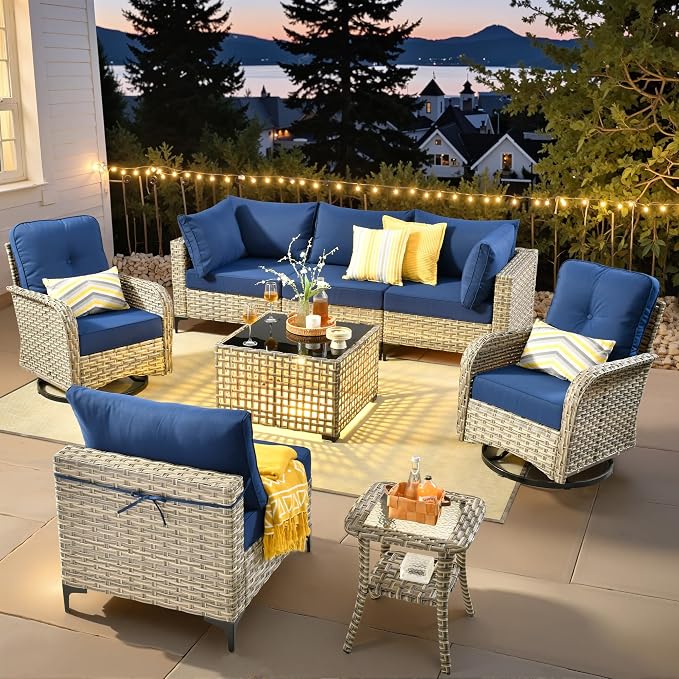 8 Pieces Wicker Patio Furniture Set,Outdoor Sectional Sofa with Swivel Chairs Coffee Table,Outside Deep Seat Rattan Couch Conversation Set,Navy Blue