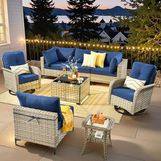 8 Pieces Wicker Patio Furniture Set,Outdoor Sectional Sofa with Swivel Chairs Coffee Table,Outside Deep Seat Rattan Couch Conversation Set,Navy Blue