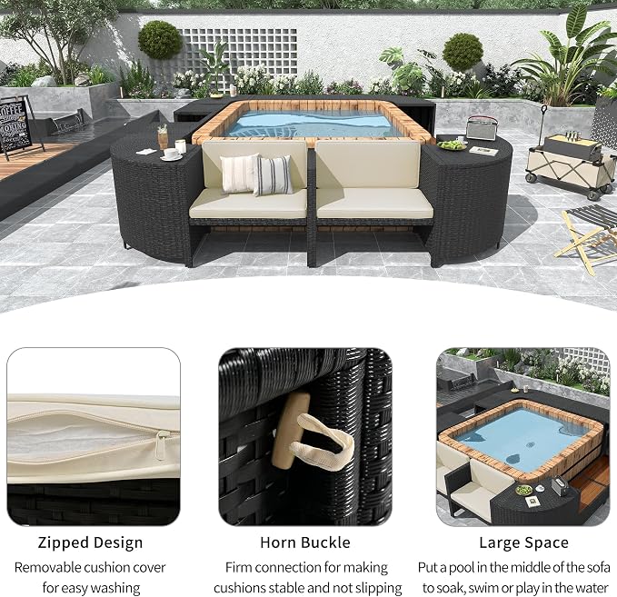 LUMISOL Square Pool Surround Spa Surround with Storage, Quadrilateral Outdoor Rattan Sectional Sofa Set with Sofa for Poolside Garden, Beige