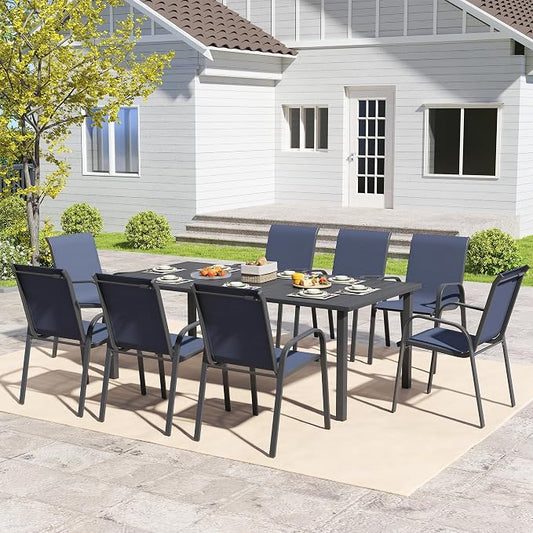 Outdoor Dining Set for 8, Patio Dining Set with Textilene Dining Chairs, Metal Dining Table with Umbrella Hole, Stackable Outdoor Chairs for Garden, Patio, Poolside and Backyard, Navy Blue