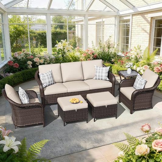 6 PCS Outdoor Conversation Set | 78" Couch, 2 Chairs, 1 Side Table, 2 Ottomans, Patio Wicker Conversation Furniture with Removable Cushions for Bistro, Deck, Sunroom (Beige)