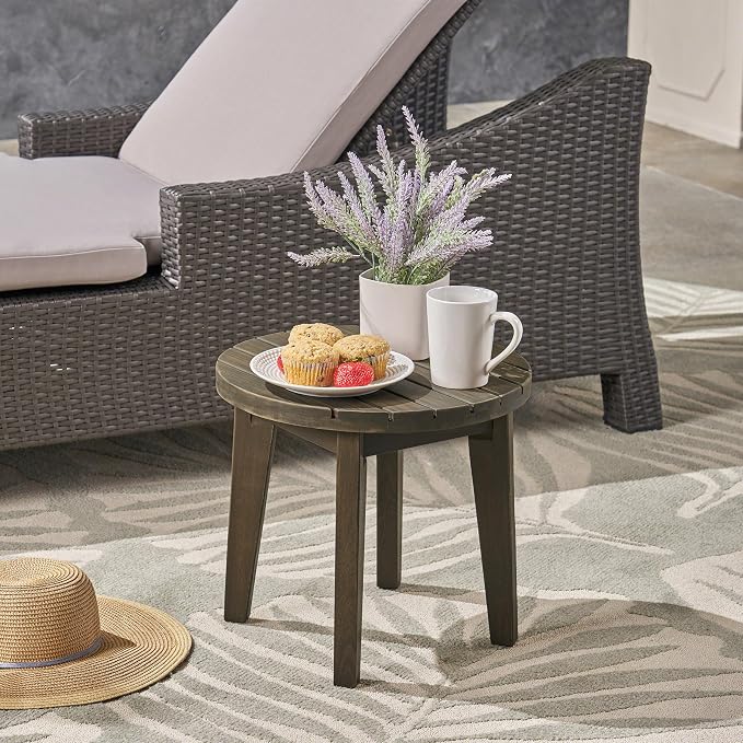 Round Patio Side Table Acacia Wood End Table with Slat Panel Design Rustic Outdoor Accent Table for Garden Backyard Pool Deck Living Room Weather Resistant Easy Maintenance, Gray