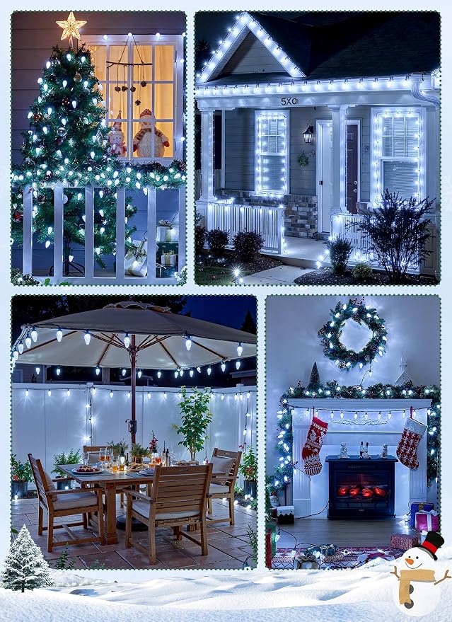 C9 Christmas Lights Outdoor, 102FT 150 LED String Lights with Spring Clips | Waterproof Connectable Commercial Grade Christmas Tree Lights for Outside Roofline Patio Yard Home Xmas Decor, Pure White