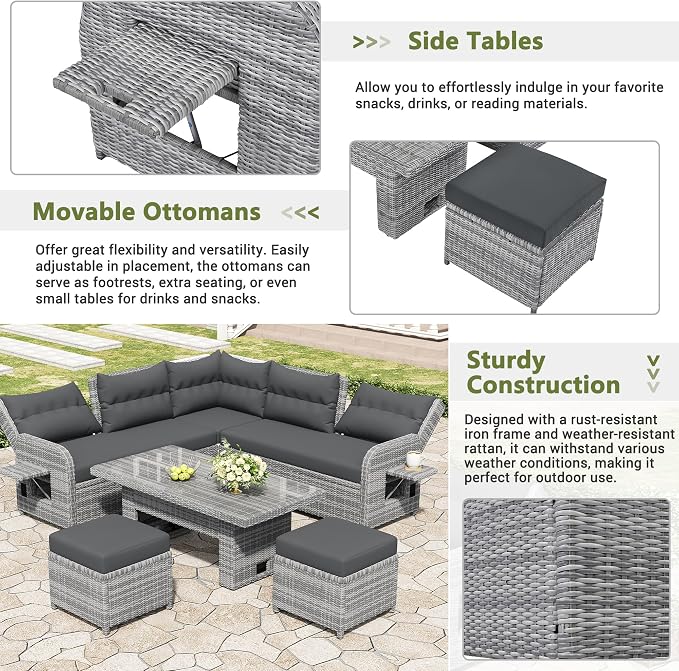 Outdoor Patio Rattan Sectional Sofa Set with Adjustable Height Table and 2 Ottomans, All-Weather Conversation Sets with Seats Side Tables and Adjustable Backrest for Garden Backyard (Grey-2.19)