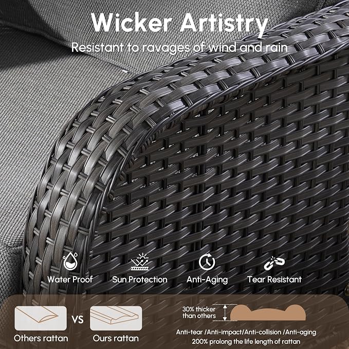 8 PCS Patio Outdoor Furniture Set with Swivel Rocking Chairs,All Weather Wicker Rattan Patio Seating Sofa and Chairs Set,Outdoor Conversaiton Sets for Deck Yard Prrch Garden Poolside,Dark Grey