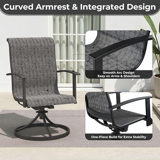 Grand patio Patio Dining Set for 4, Outdoor Dining Set with 4-Piece Mesh Sling Swivel Patio Rocking Chairs, 1-Piece Square Woodgrain Dining Table with 1.5'' Umbrella Hole, Black & Grey Plaid