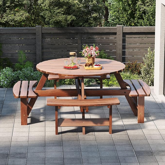 HAPPYGRILL 8-Person Wood Picnic Table Bench Set, Round Camping Table w/Umbrella Hole, Circular Outdoor Table w/4 Built-in Curved Benches, for Patio, Garden, Backyard, Porch (Brown)