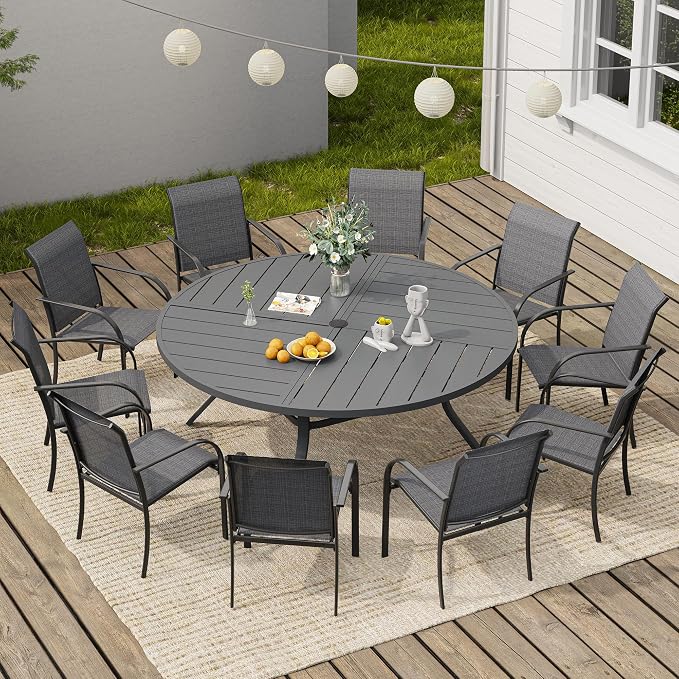 VICLLAX 63" Round Outdoor Table, Patio Dining Table for 8-10 with Umbrella Hole for Garden Lawn Deck Backyard, Dark Grey