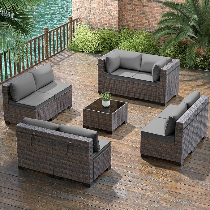Gotland 9 Pieces Patio Furniture Set with 29.5'' High Backrest, All Weather PE Wicker Outdoor Furniture with 4’’ Thickened Cushions Coffee Table, Patio Set for Deck, Garden, Backyard, Grey