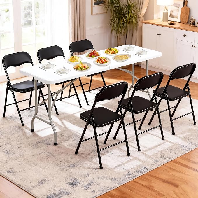 Elevon Folding Table Set with 6 Black Folding Chairs,6 Feet Heavy Duty Fold-in-Half Utility Table Sets for Picnic, Event, Training, Outdoor Activities, at Home and Commercial Use