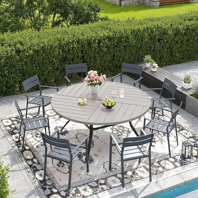 DIFY 9 Piece Outdoor Patio Dining Set for 8, 53.1" Round Dining Table with Umbrella Hole and Stackable Metal Chairs, Patio Table and Chairs Set for Backyard Garden Poolside, Grey Wood-Like & Grey