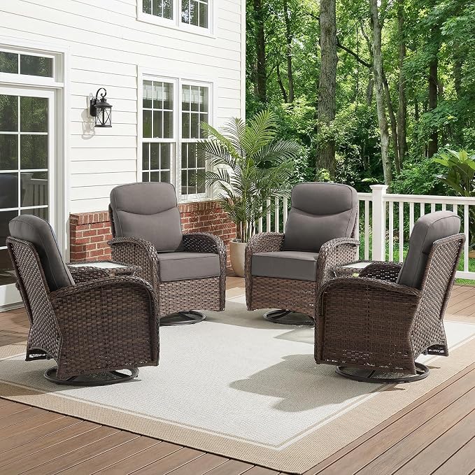 HUMMUH 4PCS Outdoor Swivel Rocker Patio Chairs with 6-inch Thick Cushion, Luxury High Back Patio Furniture Set,Wicker Conversation Set for Deck Yard and Poolside