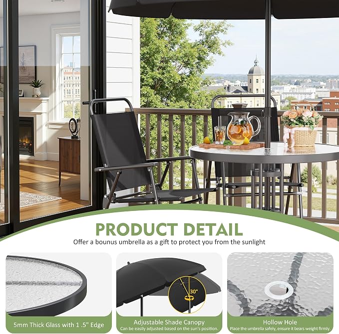 Shintenchi 6 Piece Outdoor Patio Furniture Set, Small Outdoor Patio Dining Table and Chairs Set, Outdoor Seating with Umbrella for Backyard, Balcony, Front Porch, Onyx