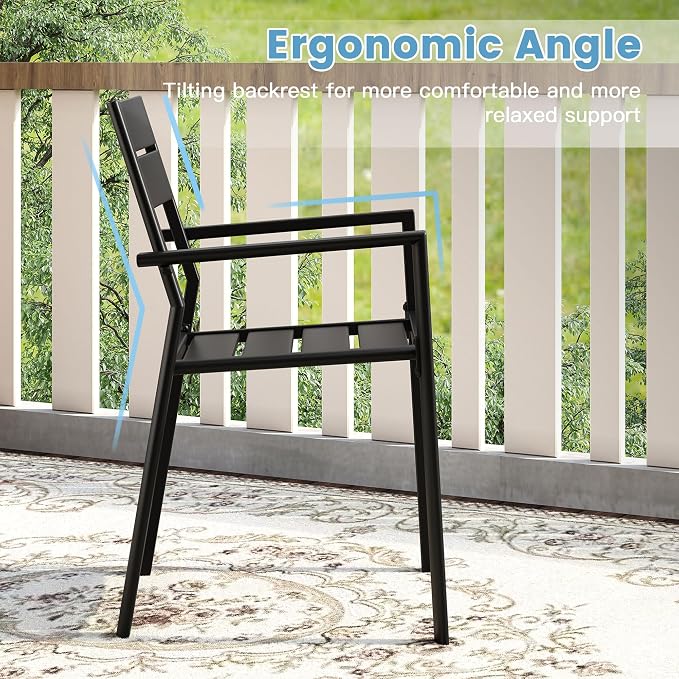 DIFY 3 Pieces Outdoor Patio Dining Set for 2, 27.6" Small Square Metal Dining Table and 2 Patio Stackable Chairs with Metal Frame, Outdoor Table and Chairs for Garden Porch, Black