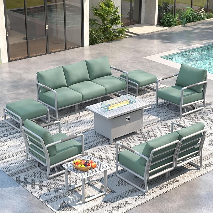 Outdoor Aluminum Patio Furniture Set with 43" Fire Pit Table,7-Seat Outdoor Conversation Set with Swivel Chairs & Loveseat & Ottomans, All-Weather Patio Set for Backyard，White