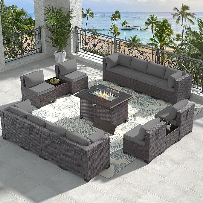 15 Pieces Outdoor Patio Furniture Set,Outdoor Sectional Furniture with 43" 55000 BTU Gas Propane Fire Pit Table,All Weather PE Rattan Wicker Patio Conversation Set,Grey