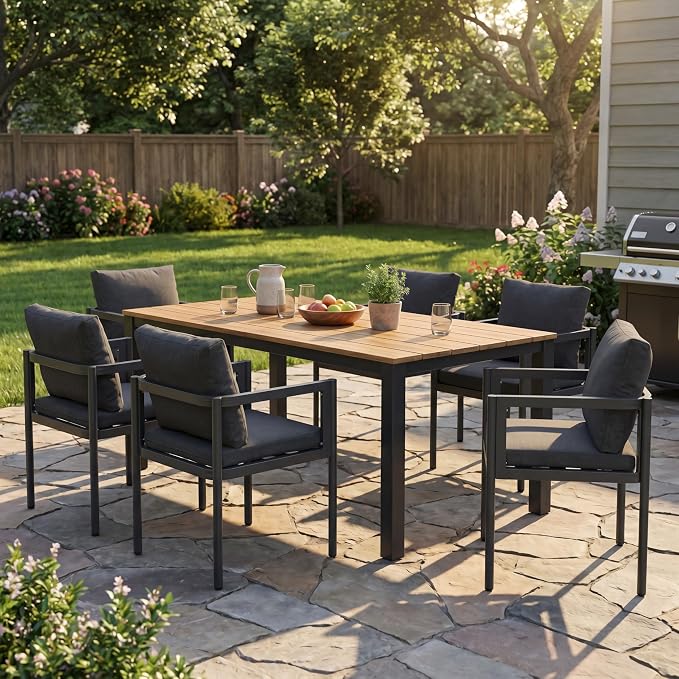 Christopher Knight Home Yoshi Acacia Wood Outdoor Dining Set for 6, 7 Piece Patio Dining Table and Chair Set, Metal Outdoor Dining Armchair and Table Set with Removable Cushion, Black+Grey+Teak