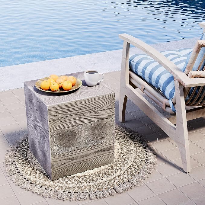 HOMPUS Outdoor Side Table Square, Concrete Lightweight MgO End Table, Patio Accent Coffee Table Garden Tool for Patio, Porch and Deck, Light Walnut