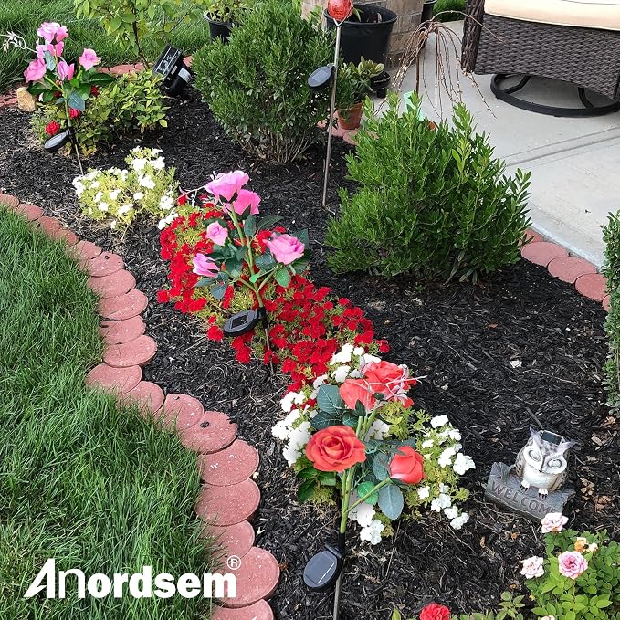 Anordsem Solar Garden Lights Outdoor: Waterproof Fabric Roses - Red LED Flower Decorations for Yard Patio Path Cemetery Grave - Birthday Gifts for Women Mom Wife - 4 Pack Pink