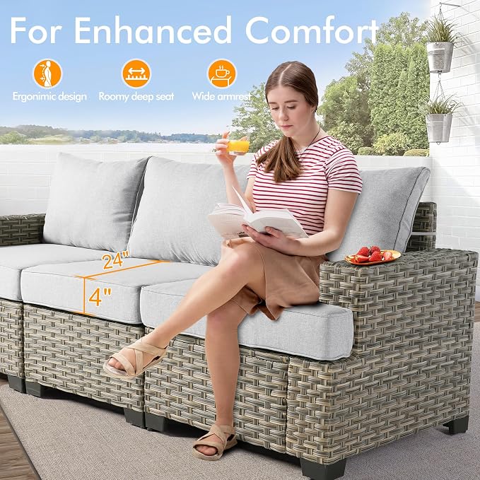 9 Pcs Outdoor Sectional Patio Furniture Set with Swivel Rocking Chairs - All Weather Wicker Modular Outside Sectional Couch,Patio Seating Outdoor Conversation Set for Deck Yard Garden,Grey