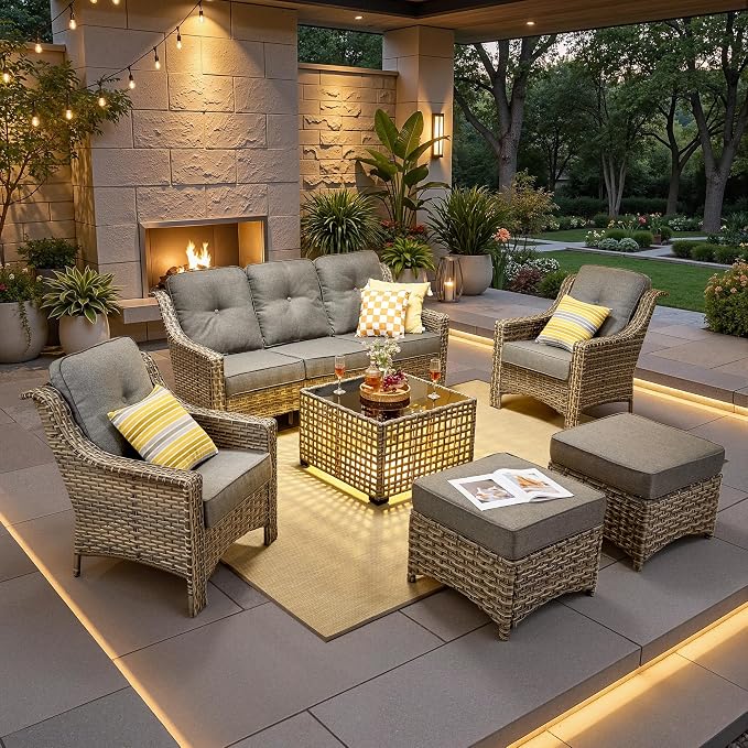 6 PCS Patio Furniture Set, Deep Seat High Back Outdoor Conversation Set with Ottomans, Wicker Outside Furniture with Solar Light Coffee Table for Porch Backyard Balcony, Sunroom, Dark Grey