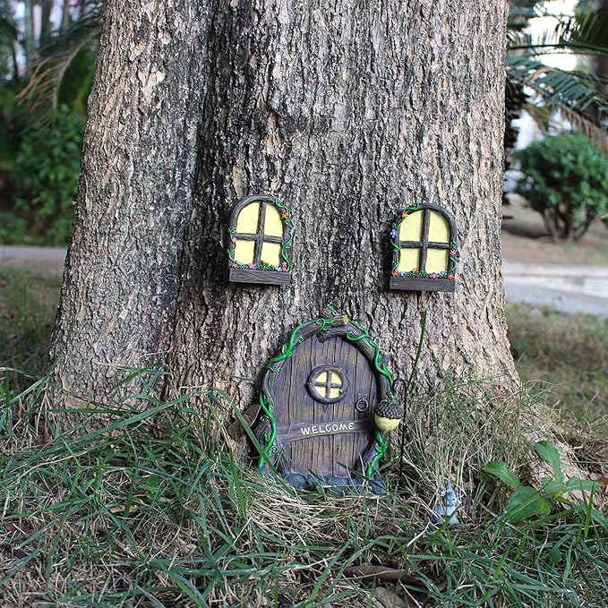 Fairy Door and Windows Garden Kit Accessories Outdoor, Glow in Dark Gnome House for Tree, Lawn Yard Art Sculpture, Miniature Garden Decor (Gnome)