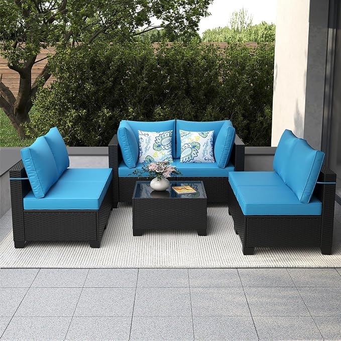 Outdoor Patio Furniture Set, Wicker Patio Chairs with Thick Cushions (Coffee and Peacock Blue, 7pcs Sofa Set)