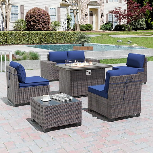 7 Pieces Outdoor Patio Furniture Set with 43"/55000BTU Gas Fire Pit Table,PE Rattan Wicker Outdoor Conversation Sofa Set Non-Slip Cushions Waterproof Covers for Backyard,Poolside,Garden,Navy