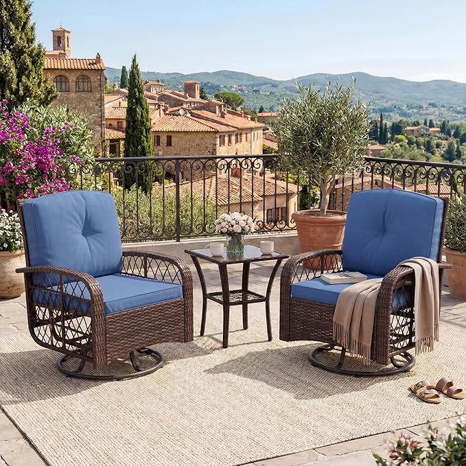 GarveeHome Outdoor Swivel Rocker Chairs, 3-Piece Patio Set with Thick Cushions & High Back Support, Includes 2 Wicker Chairs & 1 Side Table for Deck, Porch, Backyard (Brown Wicker & Blue Cushions)