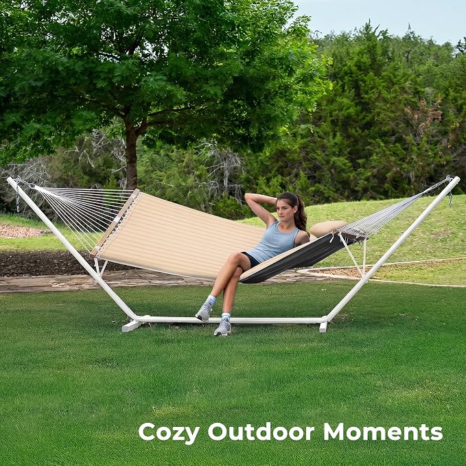 SUPERJARE Hammock with Stand, 2 Person Quilted Outdoor Hammock, Detachable Pillow & Bamboo Spreaders, Portable Hammock with Carrying Bag, Heavy Duty Stand, Perfect for Outside, Patio, Beige