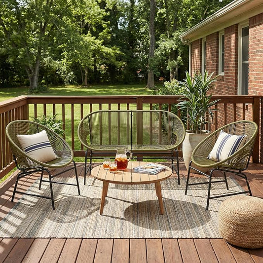 Christopher Knight Home Dessa 4 Piece Patio Furniture Set with Acacia Wood Coffee Table, 4 Seater PE Rattan Outdoor Conversation Set, Metal Outdoor Sectional Sofa Set, Beige+White, Green